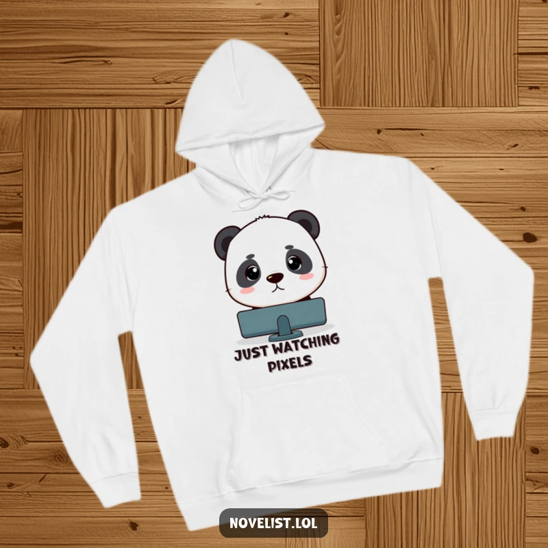 Funny panda character concentrating hard on a blinking computer cursor, a warm and humorous hoodie for coders.
