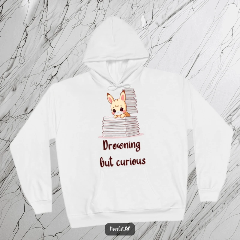 Funny hoodie with a tiny animal character curiously peering over a huge stack of papers, a humorous depiction of workload.