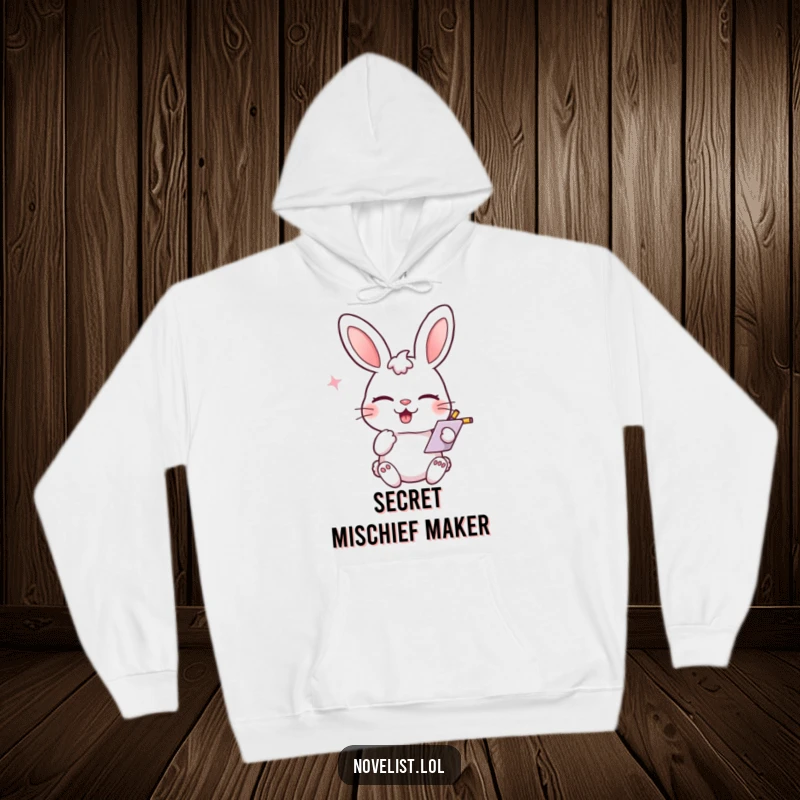 Funny warm hoodie, winking rabbit scribbling notes, playful smirk, cozy and humorous for funny gift recipients.