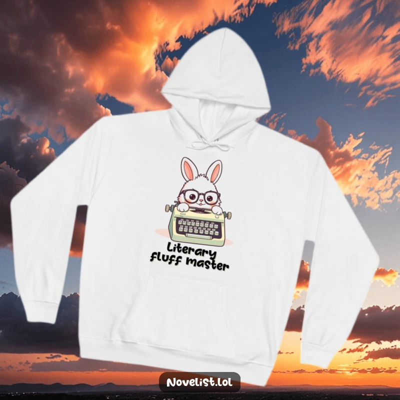 Funny hoodie with a fluffy rabbit wearing askew spectacles, happily typing on a vintage typewriter, perfect for cozy writing sessions.