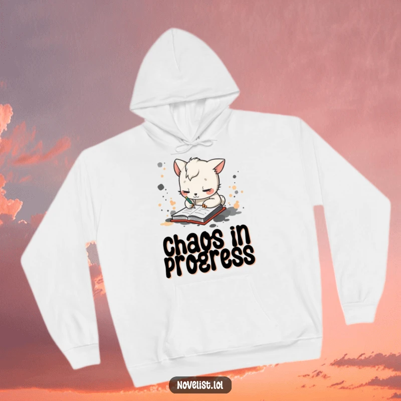 Funny hoodie featuring a whimsical animal character scribbling furiously in a notebook, surrounded by playful ink splotches, perfect for cozy creative sessions.