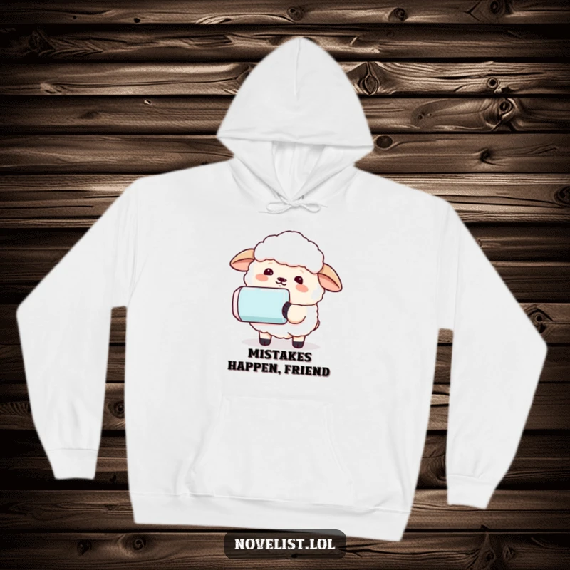 Funny and cozy hoodie featuring a sheep with a comically large eraser, humorously erasing a sentence, symbolizing making light of errors.
