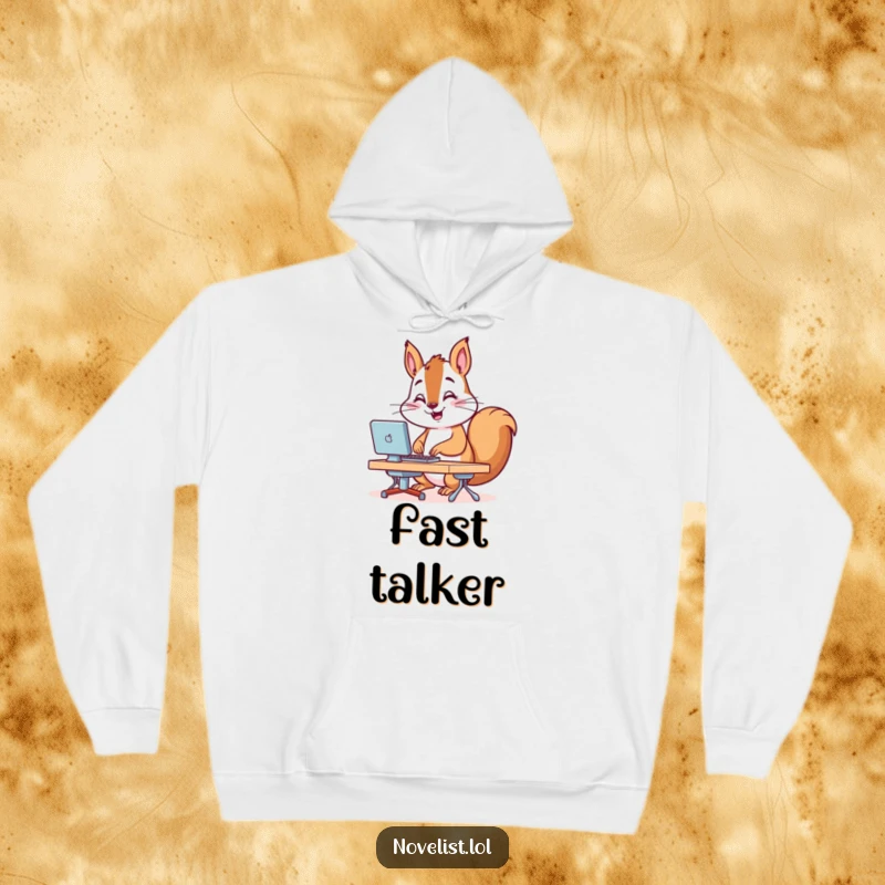 Funny Hoodie showcasing a cheerful squirrel intensely typing on a tiny desk, embodying speed and efficiency with a cute twist.