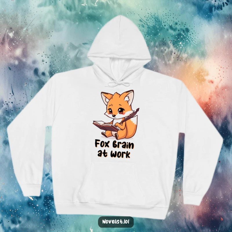 Funny hoodie depicting a creative fox with a focused gaze, scribbling notes with a quill, a cozy funny gift.