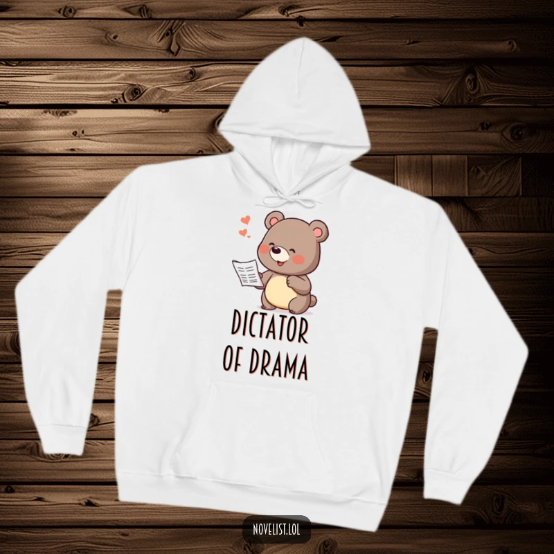 Funny hoodie featuring a playful bear character enthusiastically dictating a story with grand, exaggerated gestures, perfect for creative and humorous individuals.