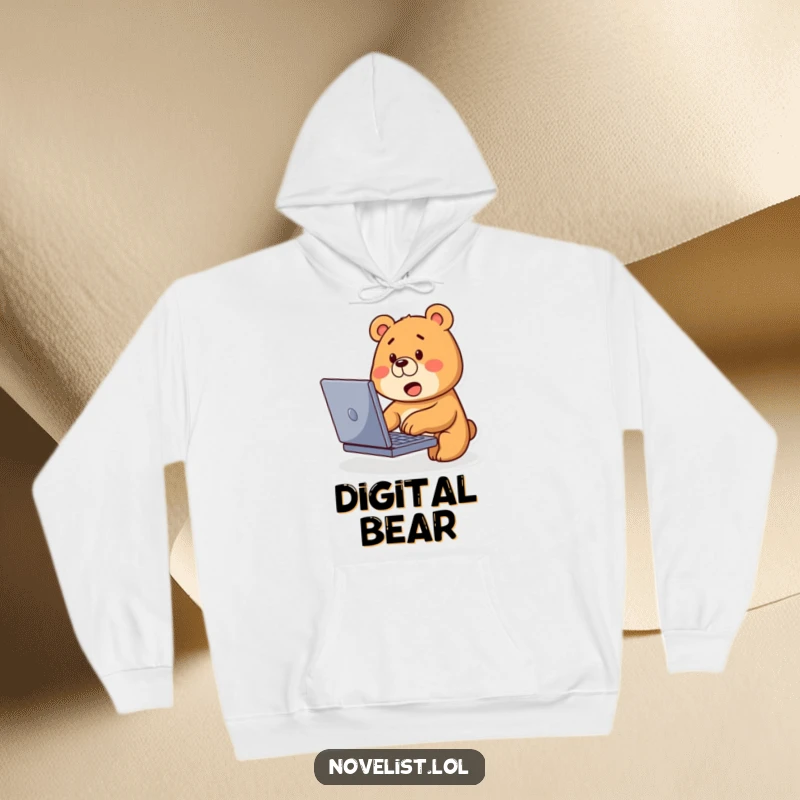 Funny Bear Typing Hoodie: Cute bear excitedly types on laptop with curious expression, a warm funny gift.