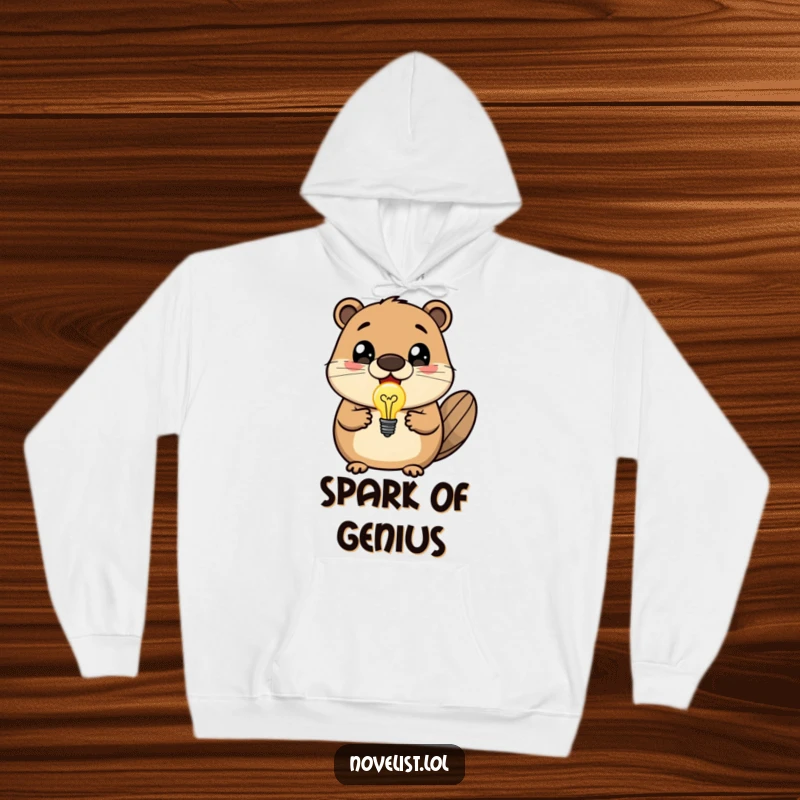 Funny hoodie featuring a delighted beaver with wide eyes, proudly displaying a glowing lightbulb representing a fantastic idea.