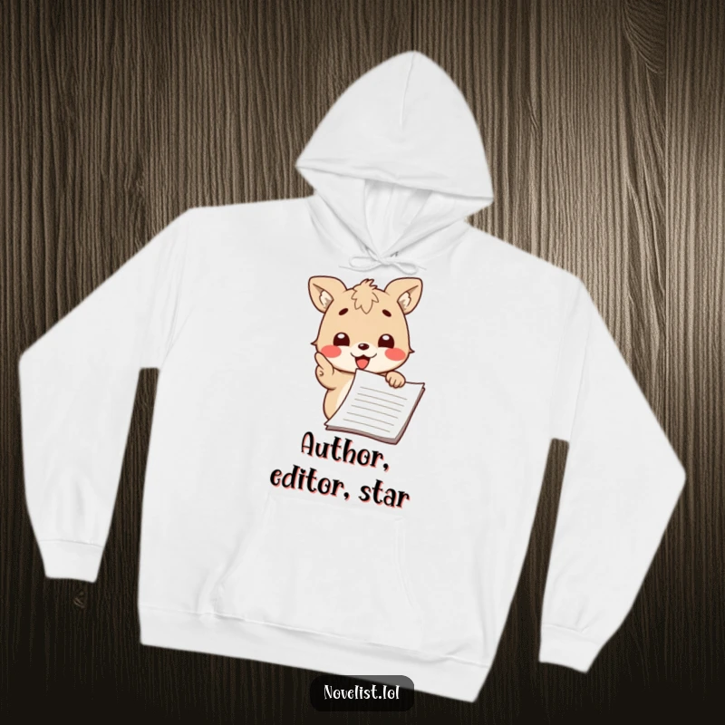 Funny hoodie featuring a cute animal character passionately pointing at a manuscript with a proud smile, perfect for cozy study.