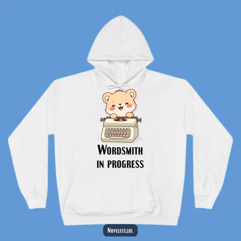 Funny Cozy Writer Hoodie: Fuzzy animal typing blissfully, warm gift for creatives.