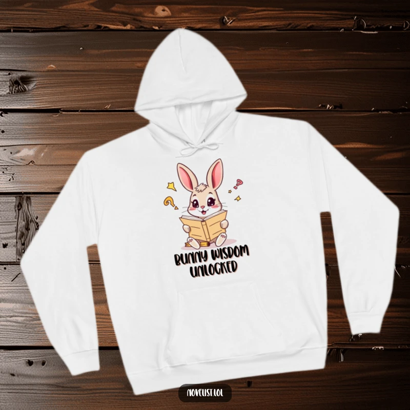 Funny hoodie depicting a curious rabbit with sparkling eyes reading a giant manuscript, a cozy funny gift.