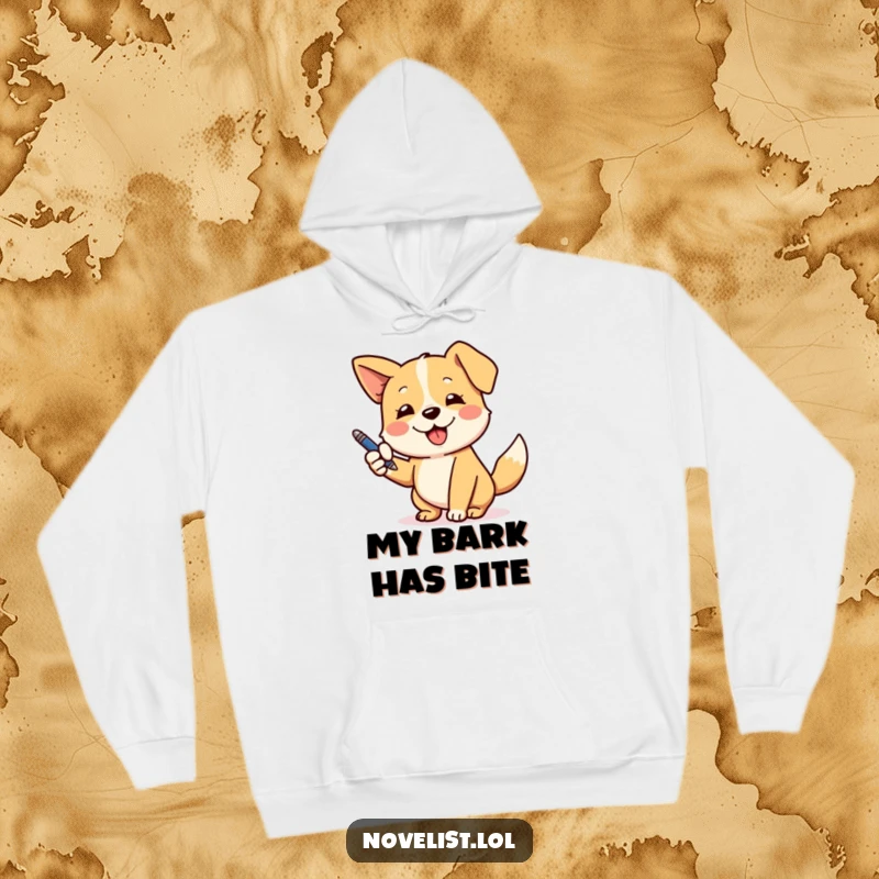 Funny hoodie featuring a playful dog with a wagging tail, using a pen for expressive, dramatic hand gestures.