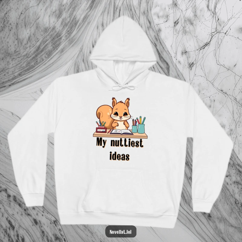 Funny hoodie with a diligent squirrel character carefully arranging various writing tools on a desk. Warm and humorous apparel for the organized.