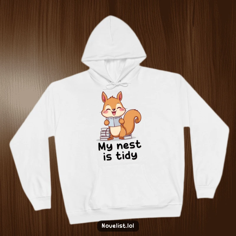 Funny Hoodie: Diligent squirrel organizing papers with glee, perfect for cozying up and staying productive, an excellent funny gift.