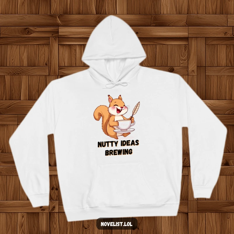Funny hoodie featuring a laughing squirrel balancing a teacup and a quill pen, perfect for cozying up with humor.