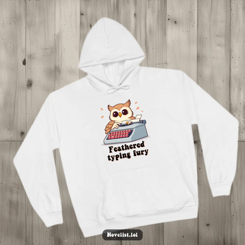 Funny hoodie featuring a wise owl enthusiastically typing, keys flying from an old typewriter, a cozy funny gift.