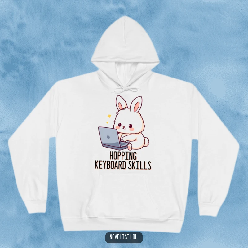 Funny Hoodie: Features a cute, fluffy rabbit character absorbed in typing on a laptop, offering warmth and a humorous take on digital life.