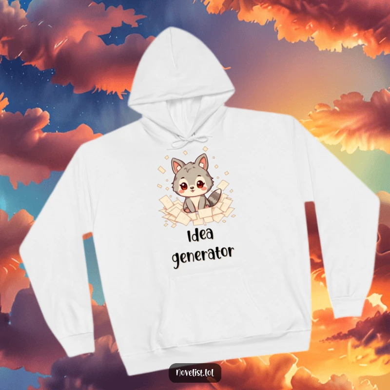 Funny Hoodie: Soft fleece featuring an animal character looking inspired, enveloped by a playful clutter of papers, perfect for creative sessions.