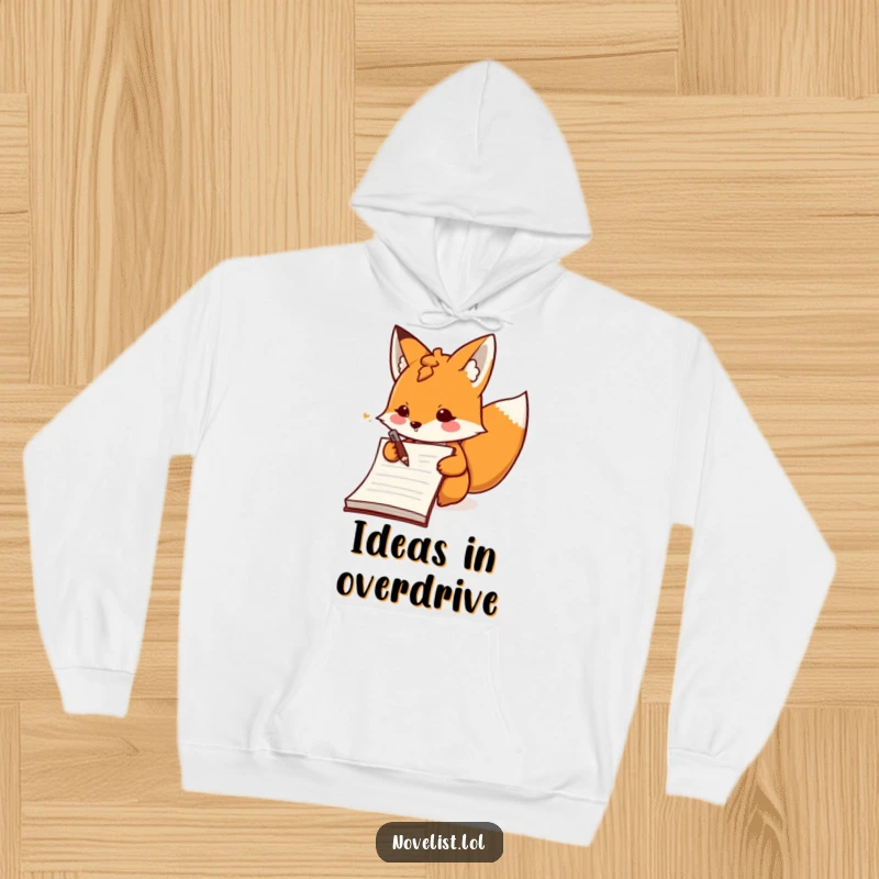 Funny determined fox character writing furiously in a large notebook, depicted on a warm hoodie, for the enthusiastic scribe.