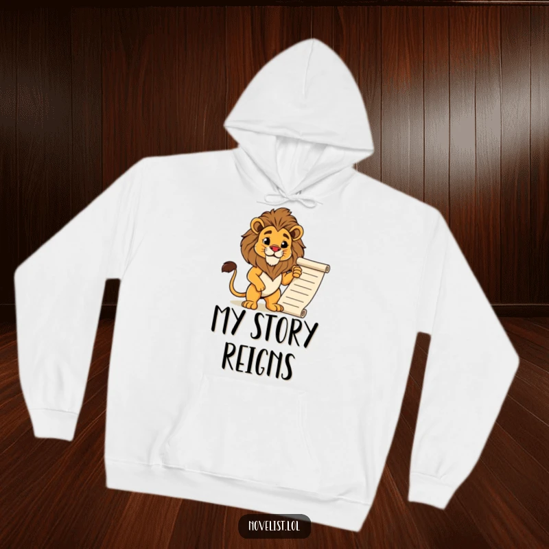 Funny hoodie with a proud lion striking a regal pose next to a flowing manuscript. Warm, majestic, and humorous apparel.
