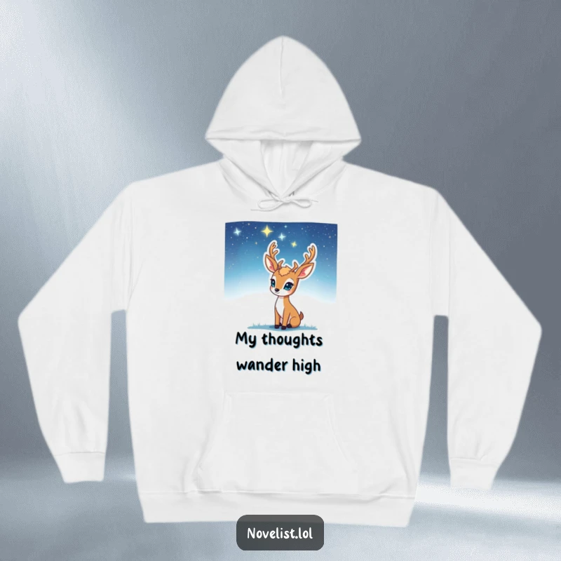 Funny Hoodie: Deer gazing at stars, inspiration striking, perfect for cozy reflection and creative thought, an excellent funny gift.