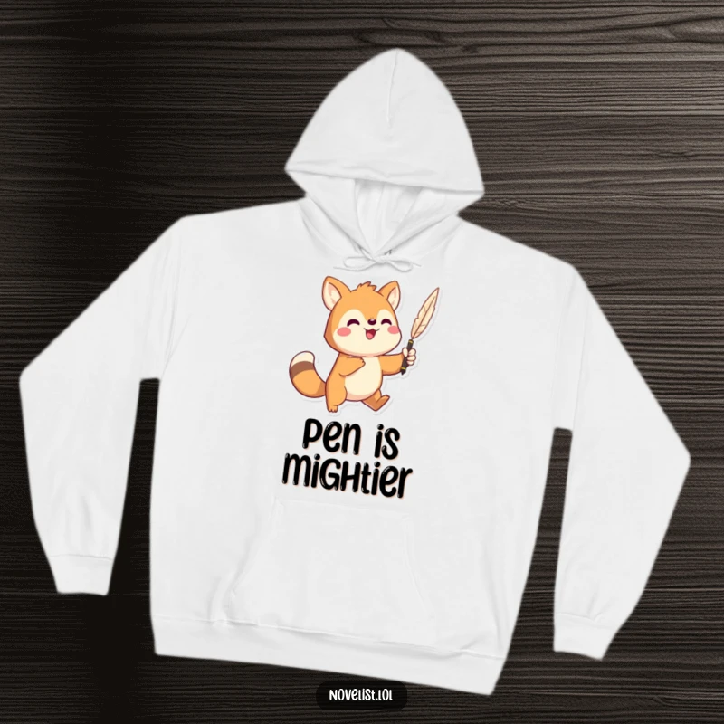 Funny hoodie featuring a dramatic animal character triumphantly holding a quill pen high, perfect for cozy contemplation.