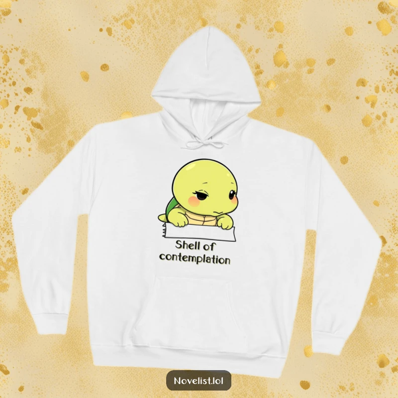 Funny hoodie featuring a thoughtful turtle gazing intently at a blank page, symbolizing quiet thought and creative potential.