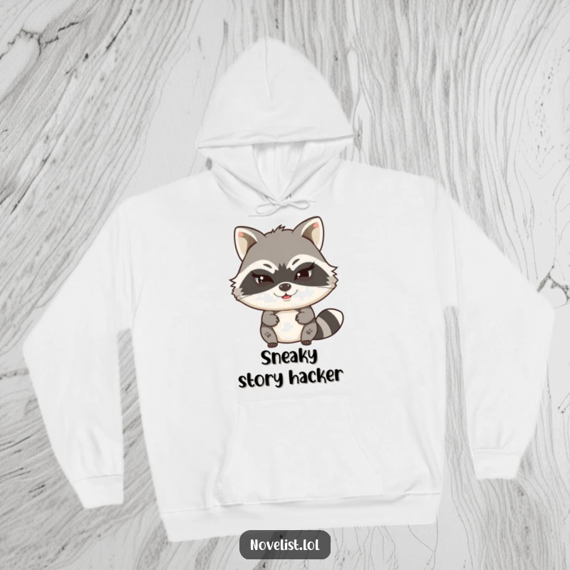 Funny hoodie with a witty raccoon character typing a secret story with a mischievous wink, perfect for cozy and clandestine moments.