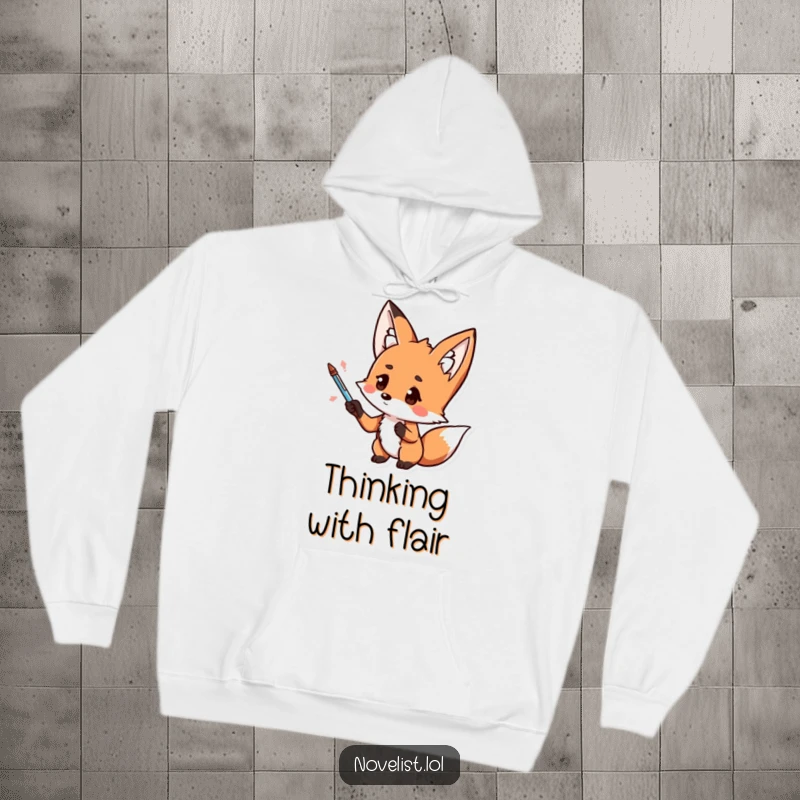 Funny warm hoodie, kawaii fox dramatically gesturing with a pen, thoughtful look, ideal for chilly days and funny gift recipients.