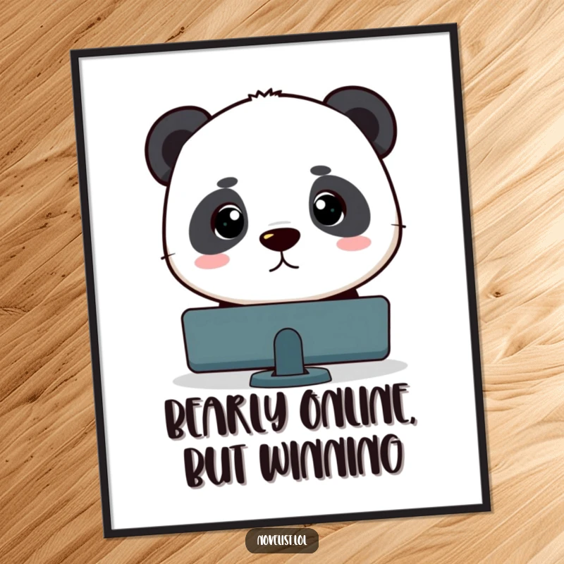 Funny free printable wall art: a panda sits focused, staring intently at a blinking computer cursor, symbolizing dedication and modern work life.
