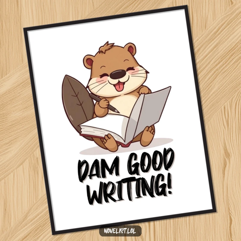 Funny Free Printable Wall Art: A busy beaver with a quill pen, deeply engrossed in writing in a large, open book.