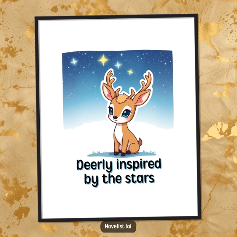 Funny free printable wall art of a deer looking up at a vast, starry sky, experiencing a moment of profound inspiration.