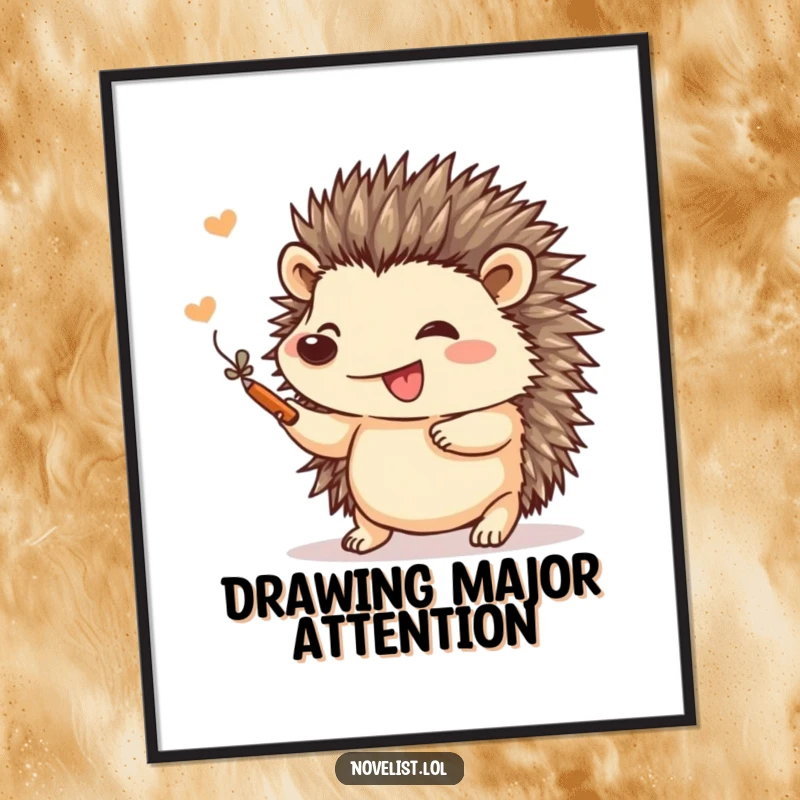 Funny Free Printable Wall Art: Small hedgehog artist gleefully adding a decorative flourish to a drawing with precision.