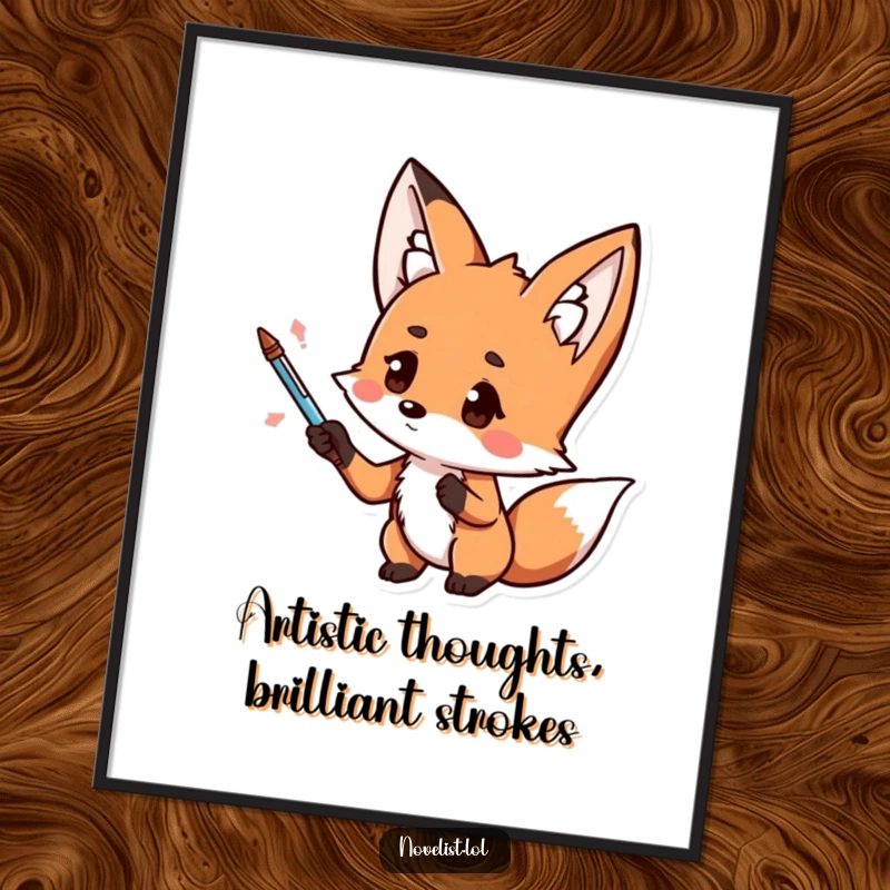 Funny free printable wall art of a thoughtful kawaii fox dramatically gesturing with a pen, inspiring creative thought.