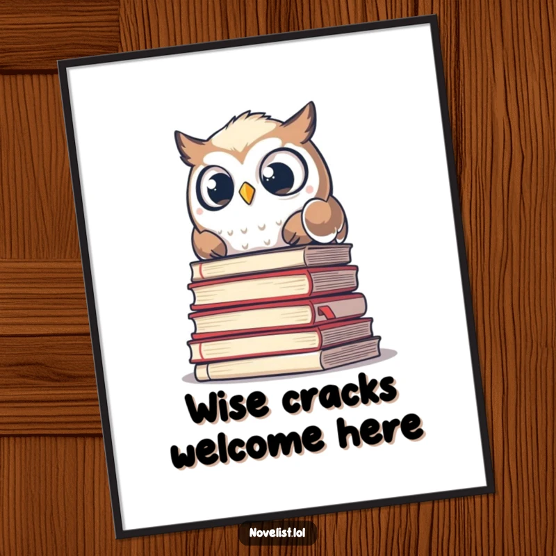 Funny Free Printable Wall Art of a shocked owl peering from behind a tall pile of old manuscripts, ready for framing.