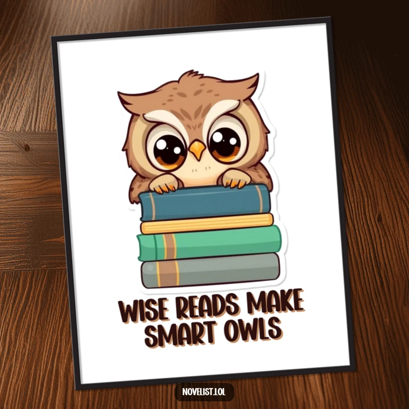 Funny free printable wall art of a small owl with wide, wise eyes peeking over a stack of books, radiating knowledge.