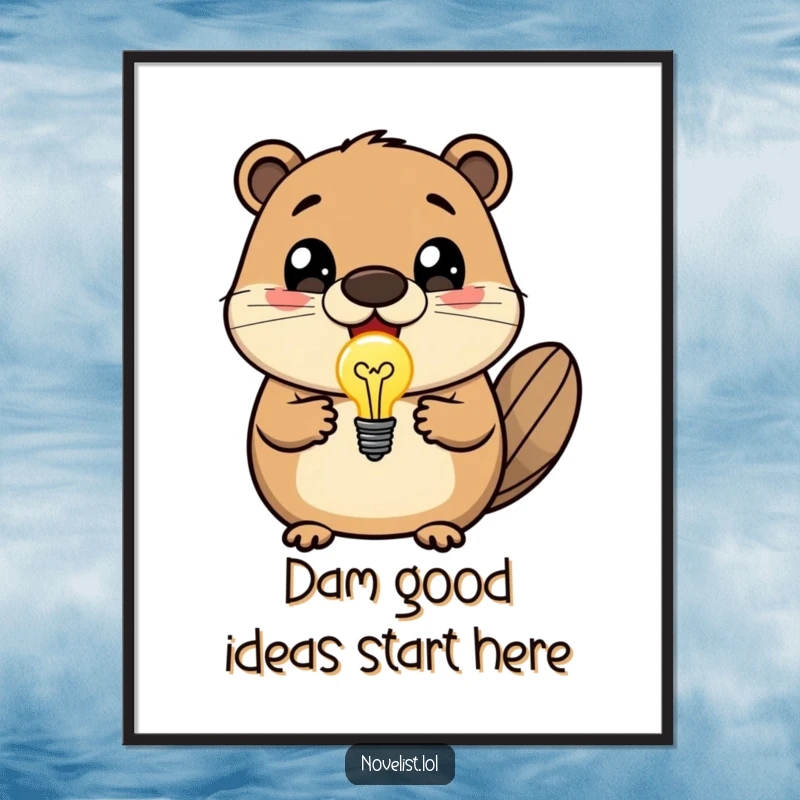Funny Free Printable Wall Art: Delighted beaver excitedly displays a glowing lightbulb representing a brilliant idea.