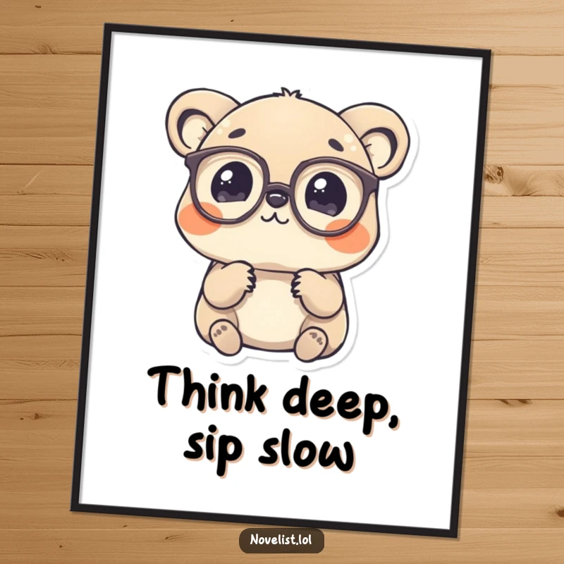 Funny Free Printable Wall Art: A charming animal character wearing spectacles, contemplating a single word with deep thought, downloadable intellectual art.
