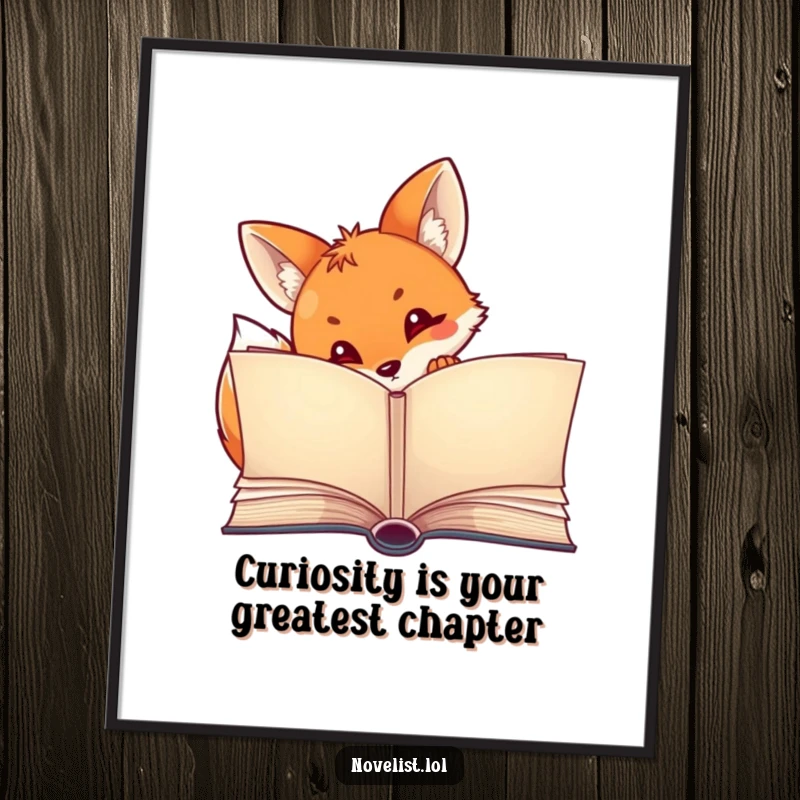 Funny Free Printable Wall Art: Curious fox peeking with intrigue from behind an open, large storybook.
