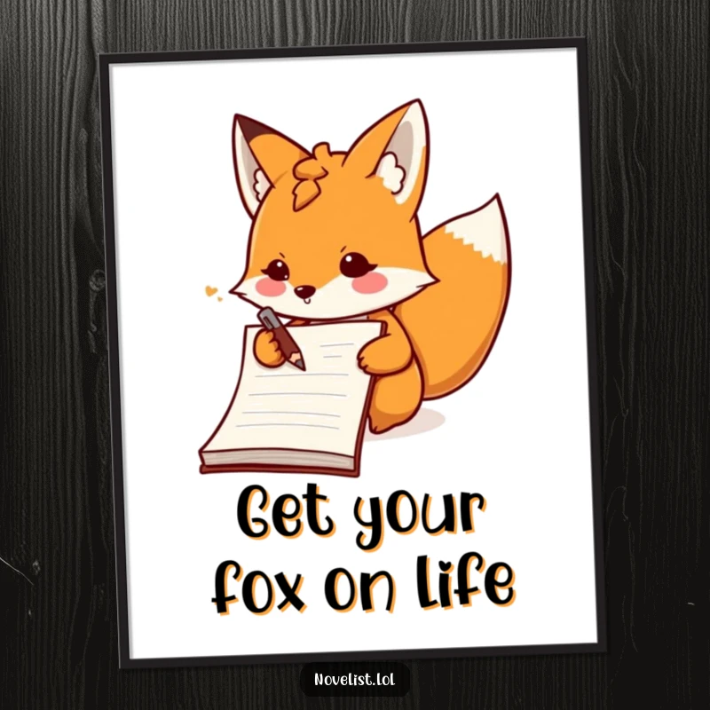 Funny Free Printable Wall Art: Determined fox excitedly filling a massive notebook with energetic scribbles and big ideas.