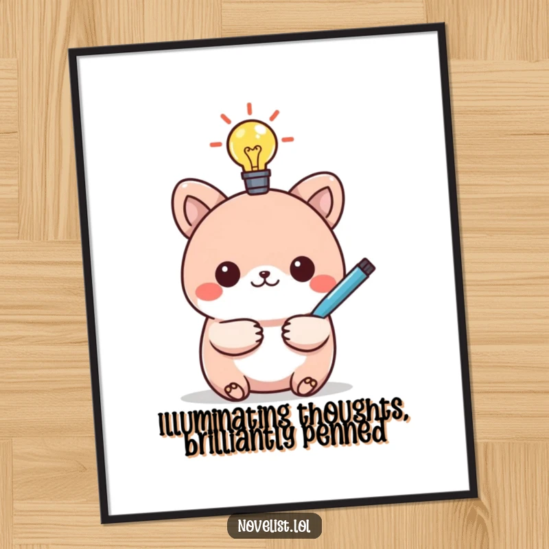 Funny Free Printable Wall Art: Kawaii animal with a glowing lightbulb above its head, holding a pen, radiating ideas.