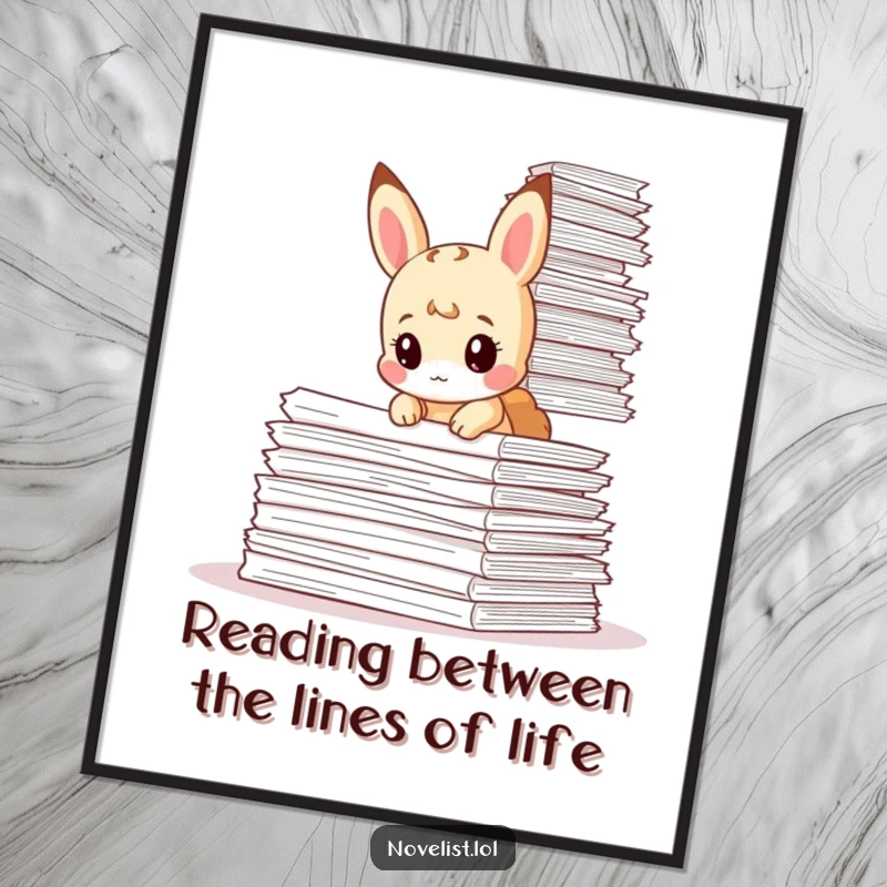 Funny Free Printable Wall Art: Tiny animal looking with intense curiosity at a giant stack of papers, exploring complex subjects.