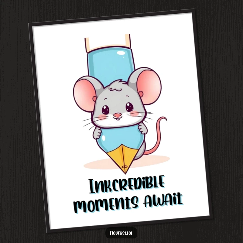 Funny free printable wall art: a playful mouse peeks from behind a giant fountain pen, adding a touch of whimsical charm to any room.