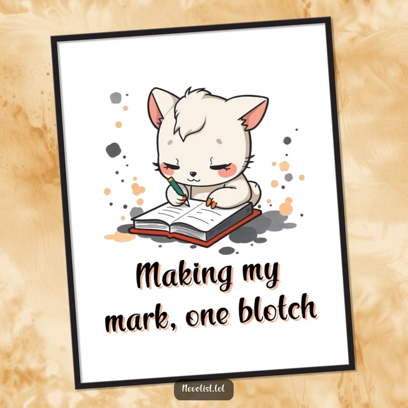 Funny Free Printable Wall Art: Whimsical animal furiously scribbling in a notebook, surrounded by vibrant ink splotches.