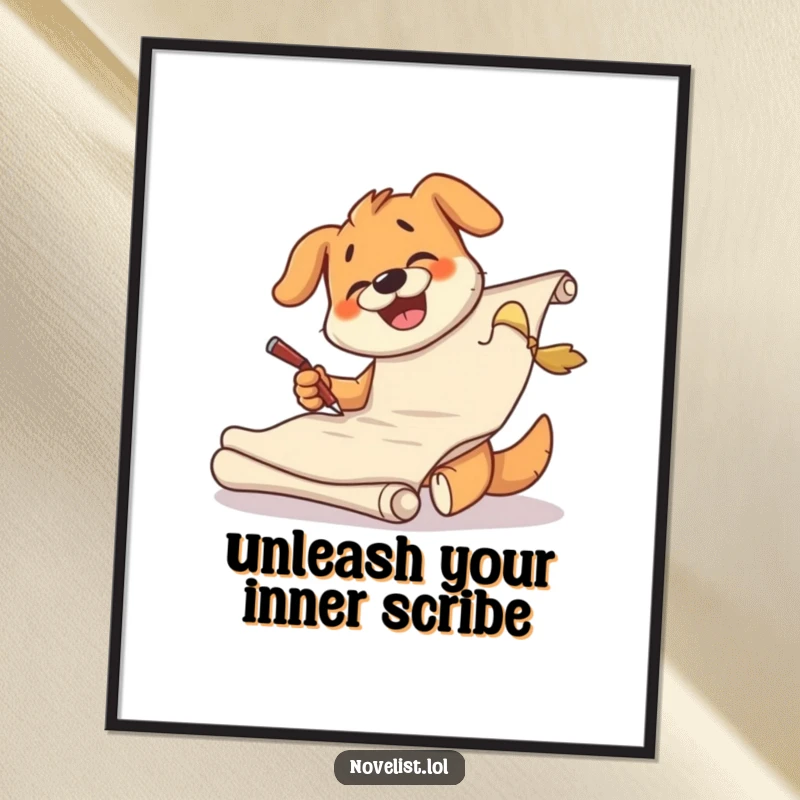 Funny free printable wall art of a giggling dog furiously scribbling on a giant scroll, celebrating the creative process.