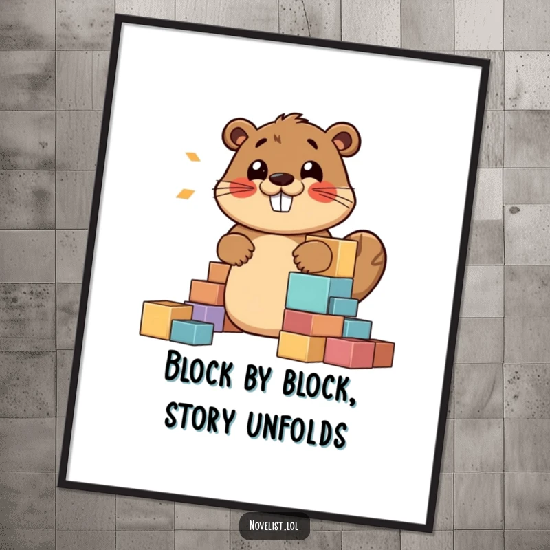 Funny Free Printable Wall Art of a jovial beaver character constructing a story with colorful building blocks, humming happily.