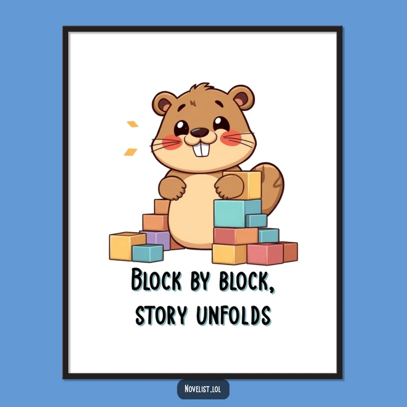 Free Printable Wall Art: Jovial Beaver Building Story Blocks, Funny Downloadable Art