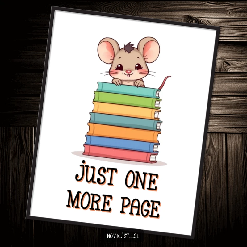 Funny Free Printable Wall Art: A mischievous mouse peeking over a towering stack of books, looking playful.