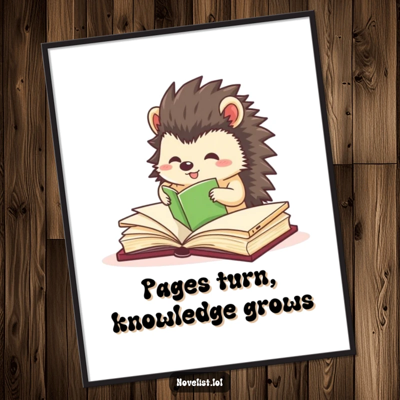 Funny Free Printable Wall Art: Hedgehog organizing book pages, excited, precise, neat, charming, downloadable decor.