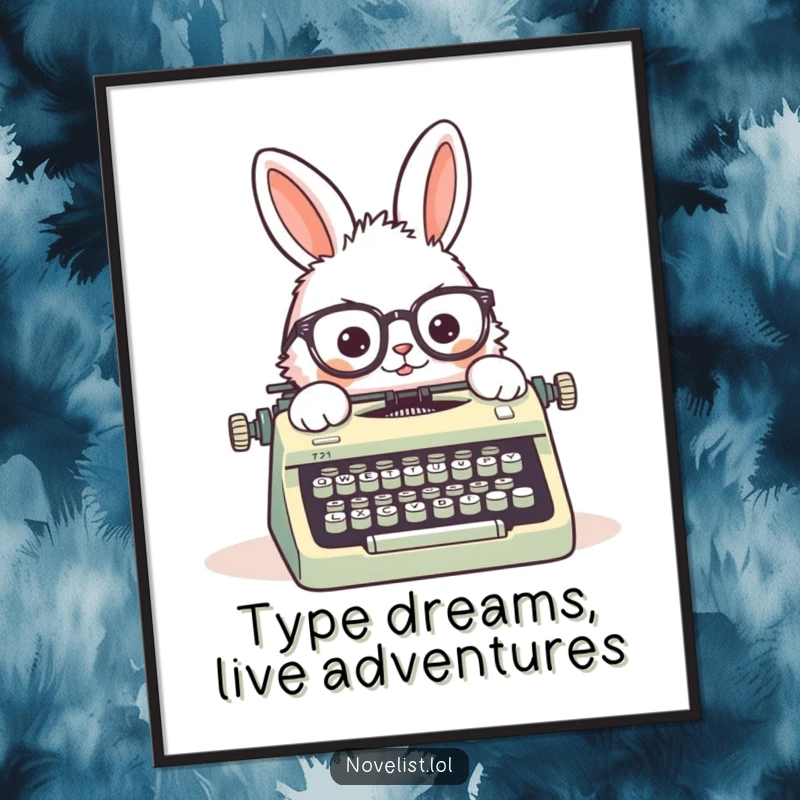 Funny Free Printable Wall Art: A fluffy rabbit character happily types on a vintage typewriter, spectacles askew, in a cozy setting.