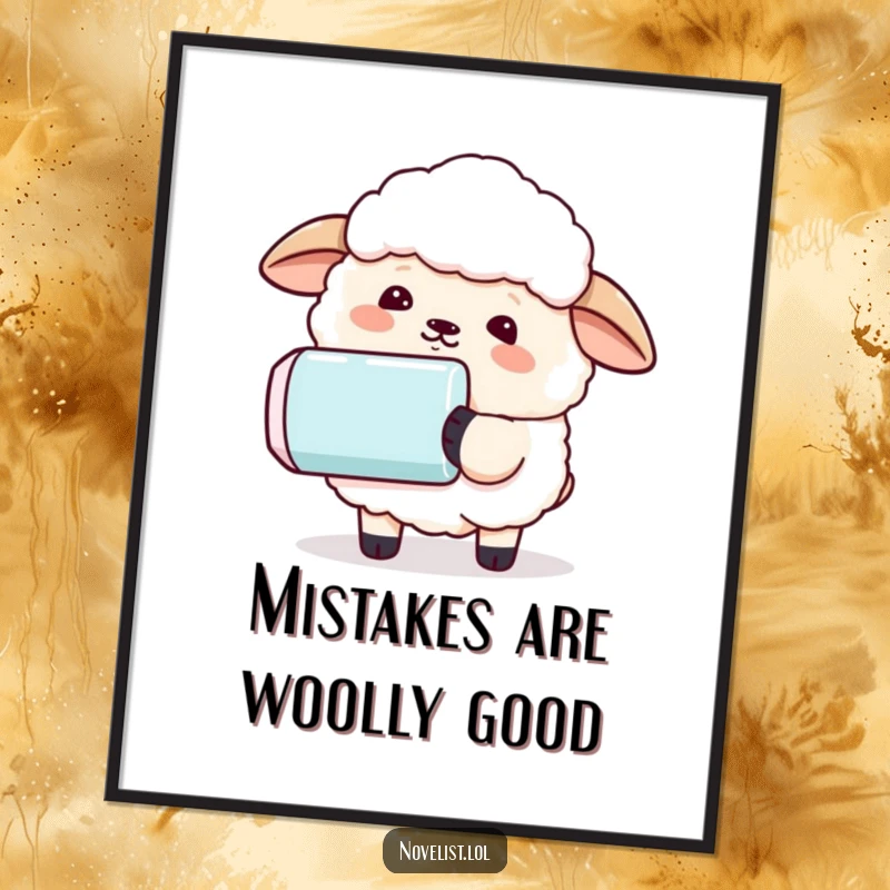 Funny Free Printable Wall Art: Gentle sheep using a comically oversized eraser to remove a written sentence from paper.